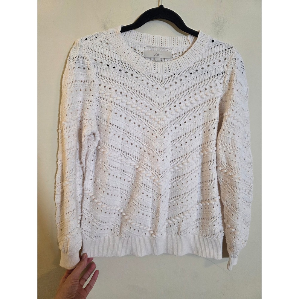 Loft White Pointelle‎ Bobble Knit Cotton Sweater Chevron Eyelet Pullover 580891